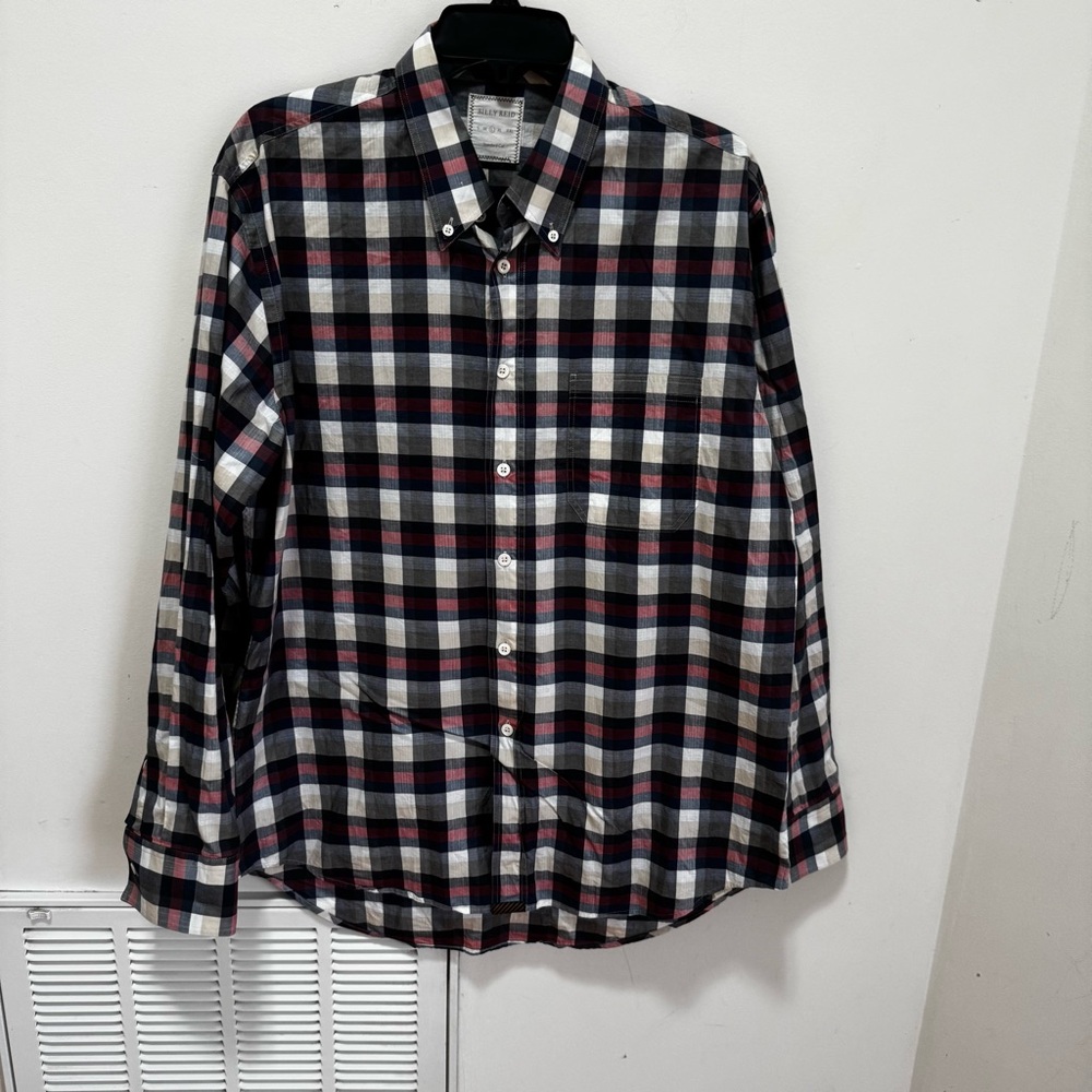 Billy Reid Long Sleeve Plaid Check Button front Shirt Standard Cut Size large‎